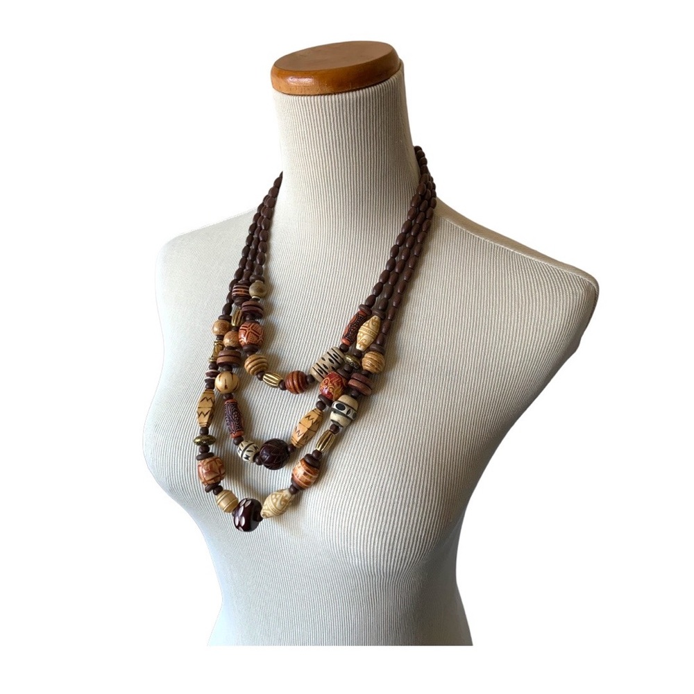 Chunky dark wooden bead three strand necklace probably handmade
